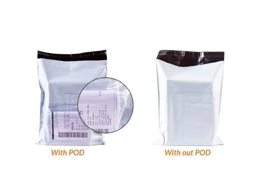 Comparison of tamper-proof courier bags with and without POD sleeve. Ideal for secure shipping and document protection in e-commerce.