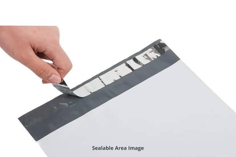 Close-up of tamper-proof courier bag's sealable adhesive strip. Ensures secure packaging for shipping and prevents unauthorized access.