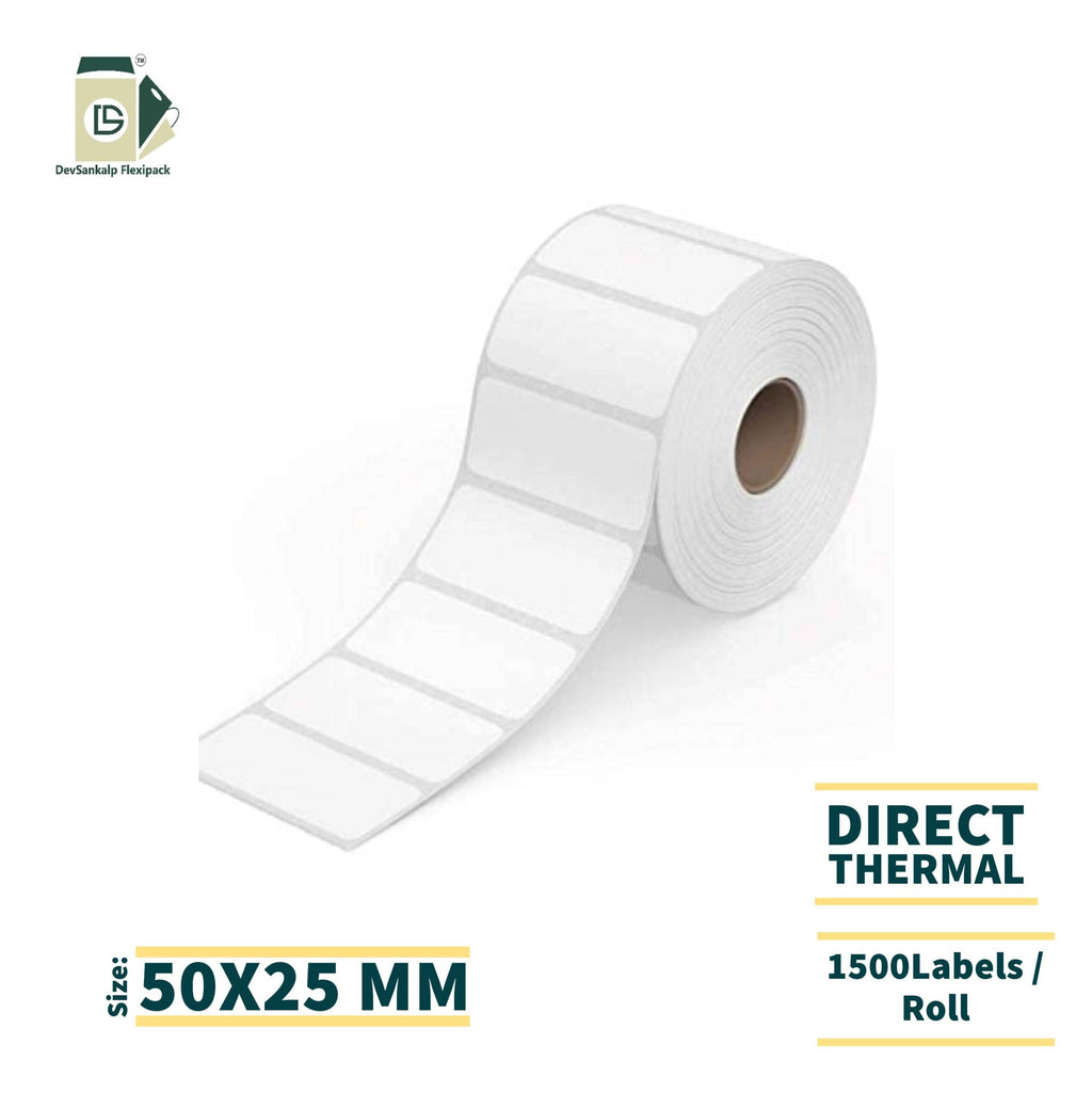 Direct Thermal MRP Stickers - Barcode Labels, 50x25mm roll for thermal printers by Devsankalp Flexipack. Strong adhesive, eco-friendly, ink-free printing. Ideal for shipping.