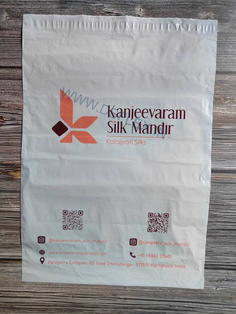 Custom printed courier bag with POD featuring two-color print. Durable poly mailer with branding, QR codes, and contact details.
