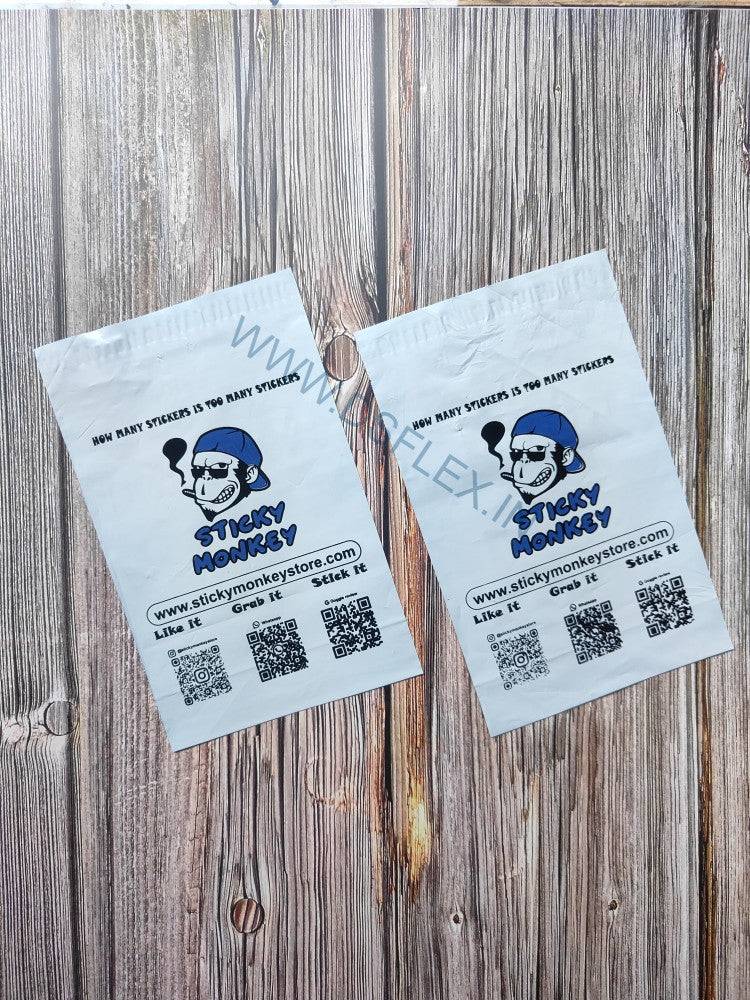 Custom printed courier bags with POD featuring two-color print design. Durable poly mailers with branding and QR codes for secure shipping.