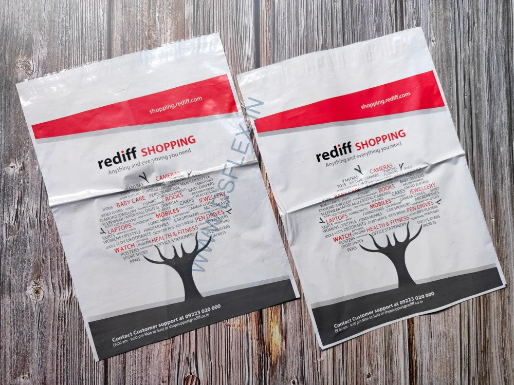 Custom printed courier bags with POD featuring two-color print for secure shipping. Durable poly mailers with branding for enhanced visibility.