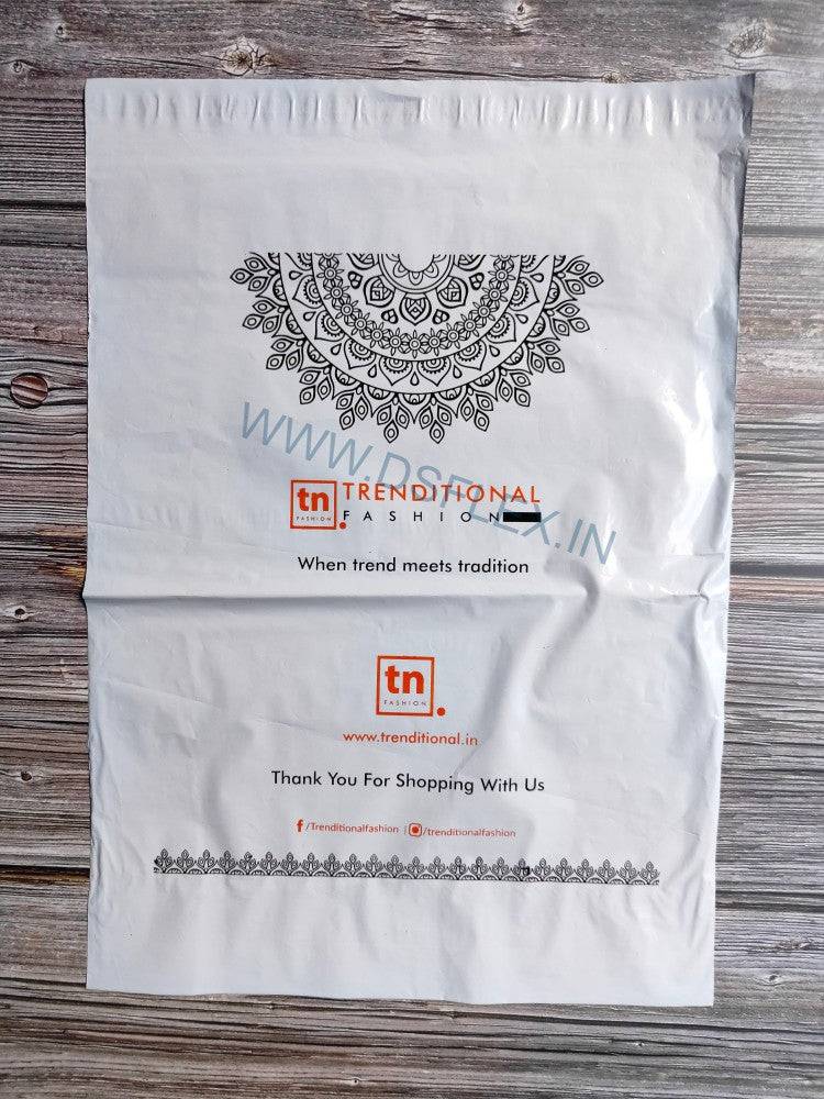 Custom printed courier bag with POD featuring two-color print design. Durable poly mailer with branding for secure and professional shipping.