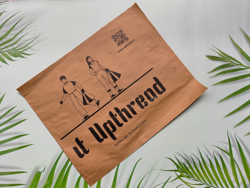 Custom print on paper courier bag with a stylish design featuring two illustrated figures and bold typography. Ideal for eco-friendly packaging and branding.
