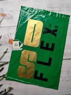 Custom Printed Green Courier Bag with POD featuring bold gold and black branding. Ideal for secure shipping and custom brand visibility.