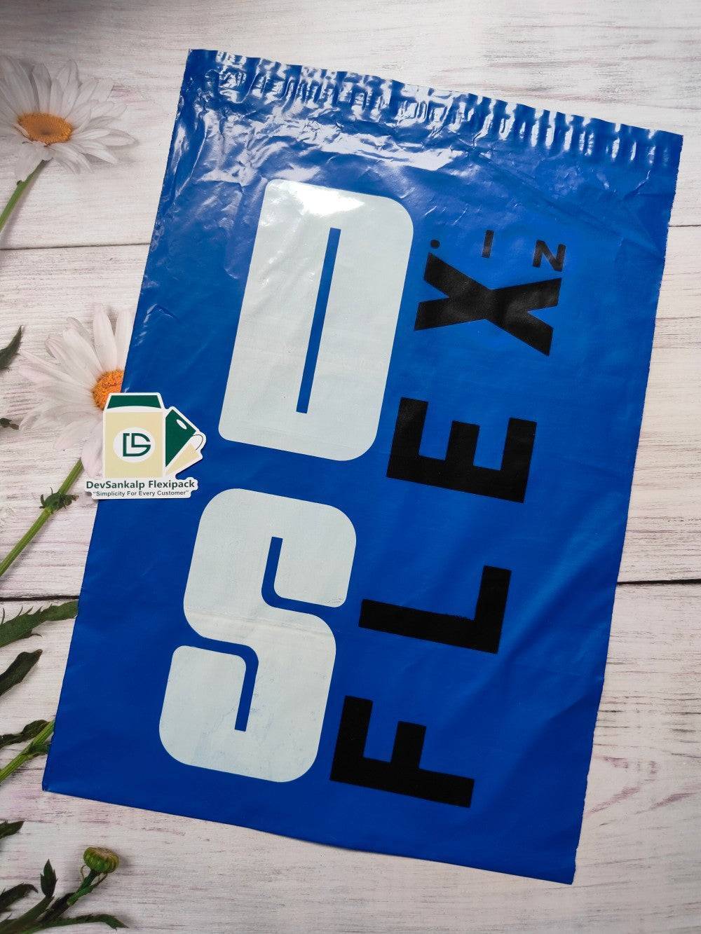 Custom Printed Blue Courier Bag with POD featuring bold DS FLEX branding, ideal for secure and branded shipping in office and e-commerce use.