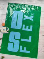 Custom Branded Green Courier Bag with POD featuring bold blue branding. Ideal for secure shipping and custom brand visibility.