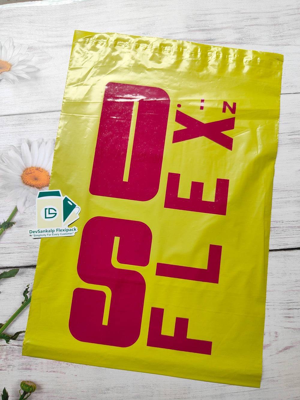 Custom printed yellow courier bag with bold red branding for secure shipping. Ideal for enhancing brand visibility in packing materials.