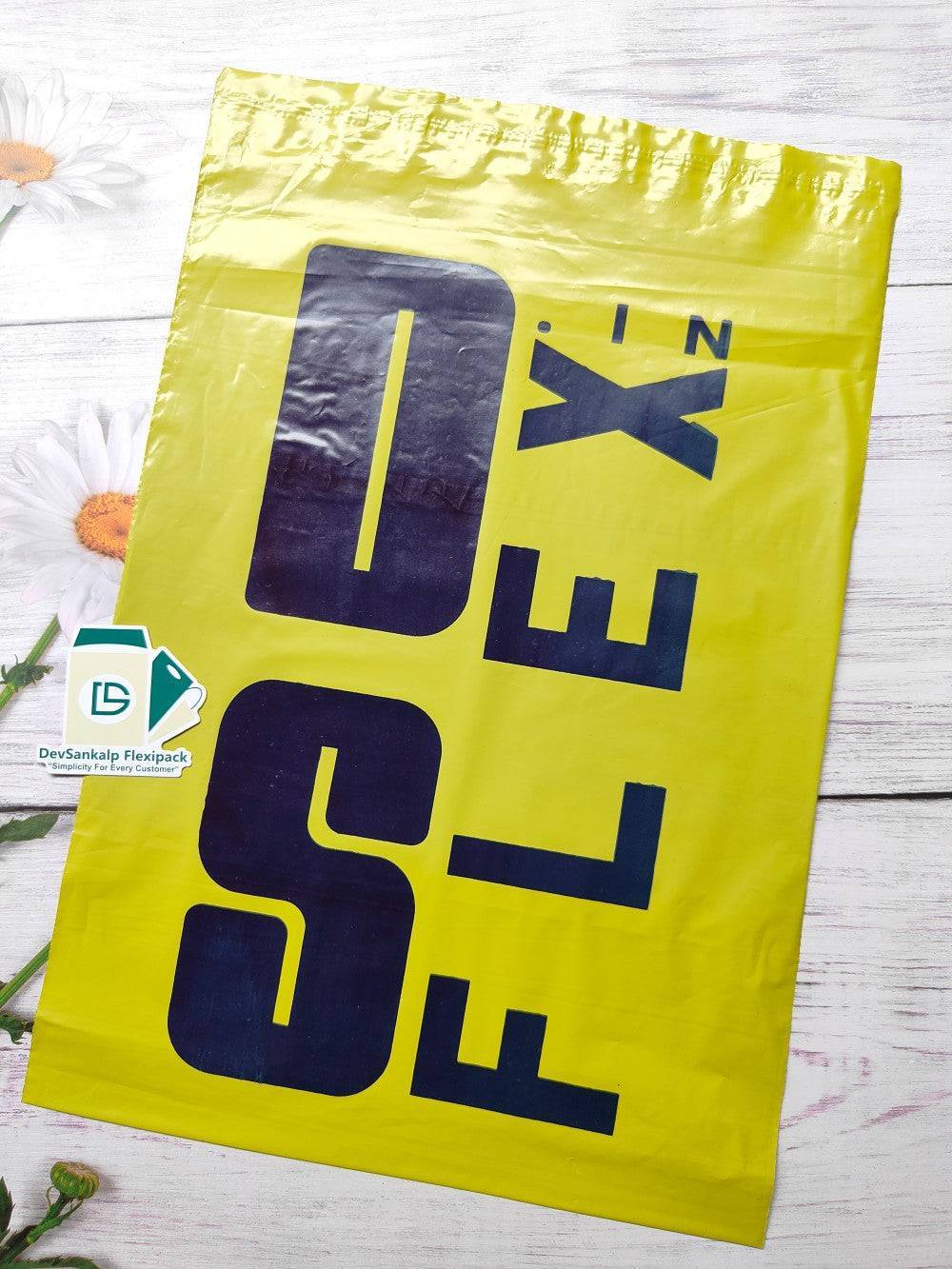 Yellow custom printed courier bag featuring black logo design. Perfect for branded shipping in office and packing supplies.