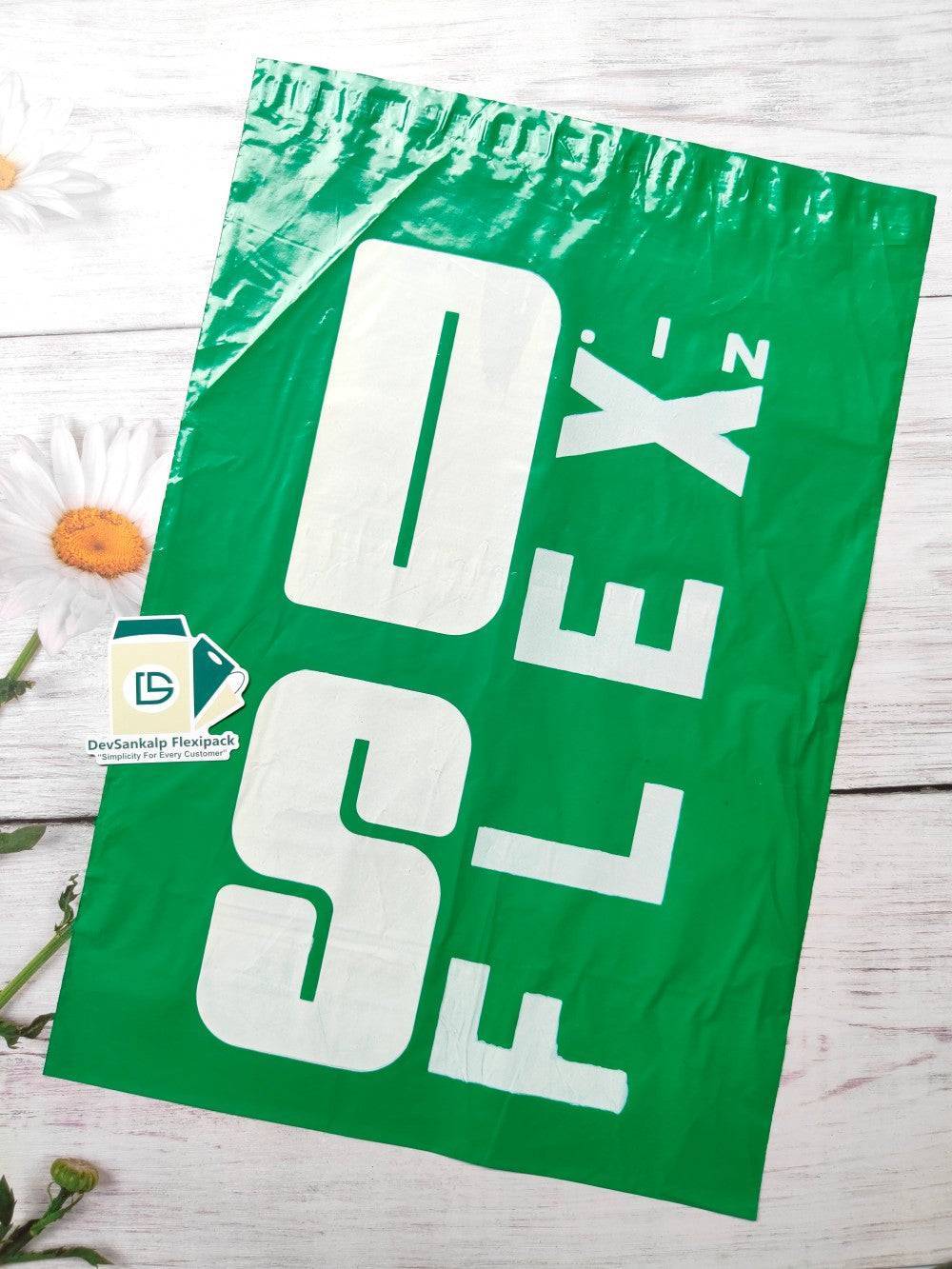 Custom Printed Green Courier Bag with POD featuring bold white branding. Ideal for secure shipping and custom brand visibility.