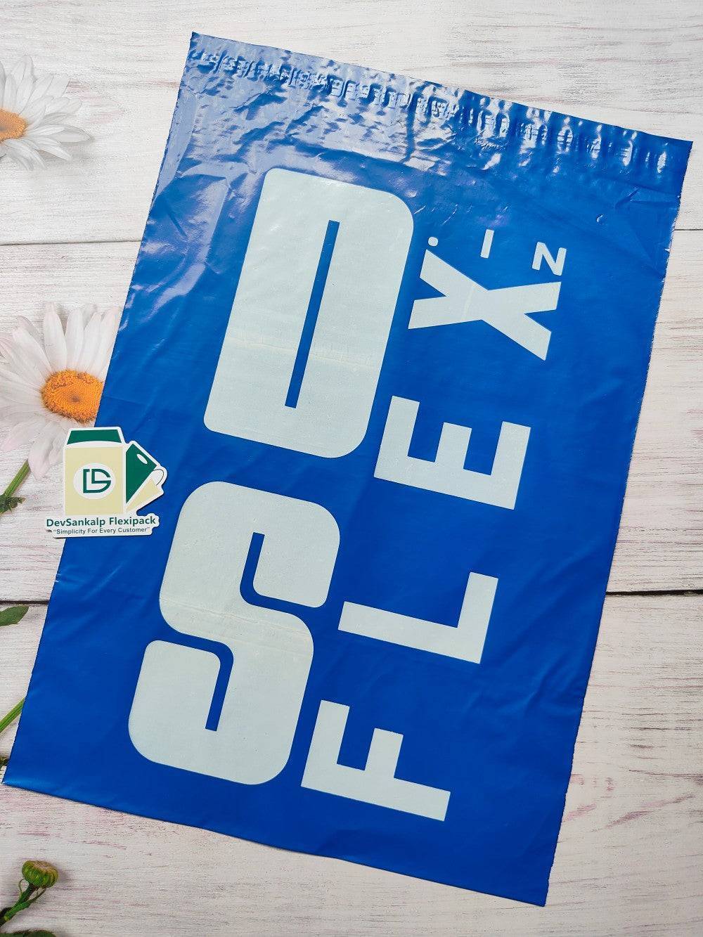 Custom Printed Blue Courier Bag with POD featuring bold white branding on durable poly mailer, ideal for secure and professional shipping.