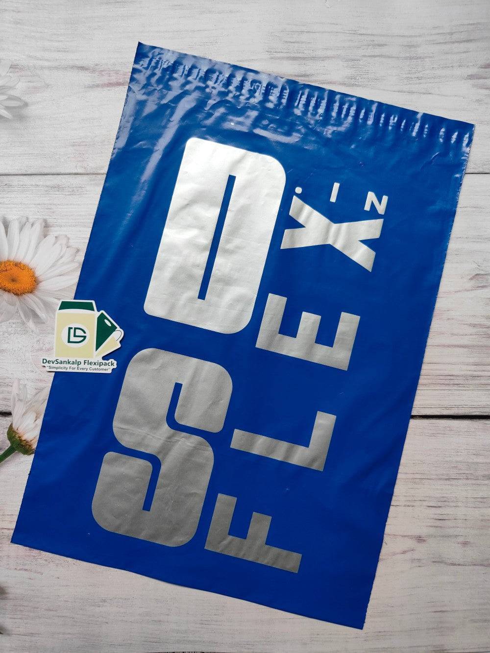 Custom Branded Blue Courier Bag with POD featuring bold silver branding ideal for secure and branded shipping solutions.