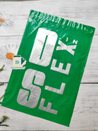 Customised Green Courier Bag with POD featuring bold silver branding, ideal for secure and branded shipping solutions.