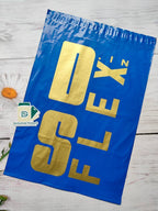 Custom Printed Blue Courier Bag with POD featuring bold gold branding, ideal for secure and branded shipping solutions.