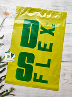 Customised Bright yellow courier bag with green custom print, ideal for businesses seeking branded packing materials in office shipping supplies.