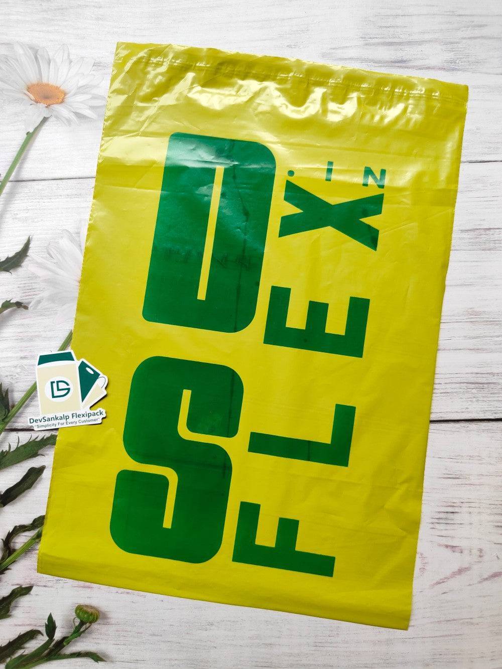 Customised Bright yellow courier bag with green custom print, ideal for businesses seeking branded packing materials in office shipping supplies.
