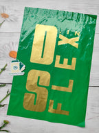 Custom Printed Green Courier Bag with POD featuring bold gold branding. Ideal for secure, branded shipping in office and e-commerce use.