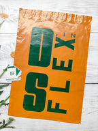 Customised logo printed orange courier bag with POD, featuring bold green branding. Durable poly mailer for secure shipping and brand visibility.