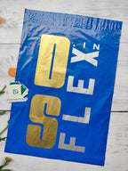 Custom Printed Blue Courier Bag with POD featuring bold gold and white branding, ideal for secure and professional shipping solutions.