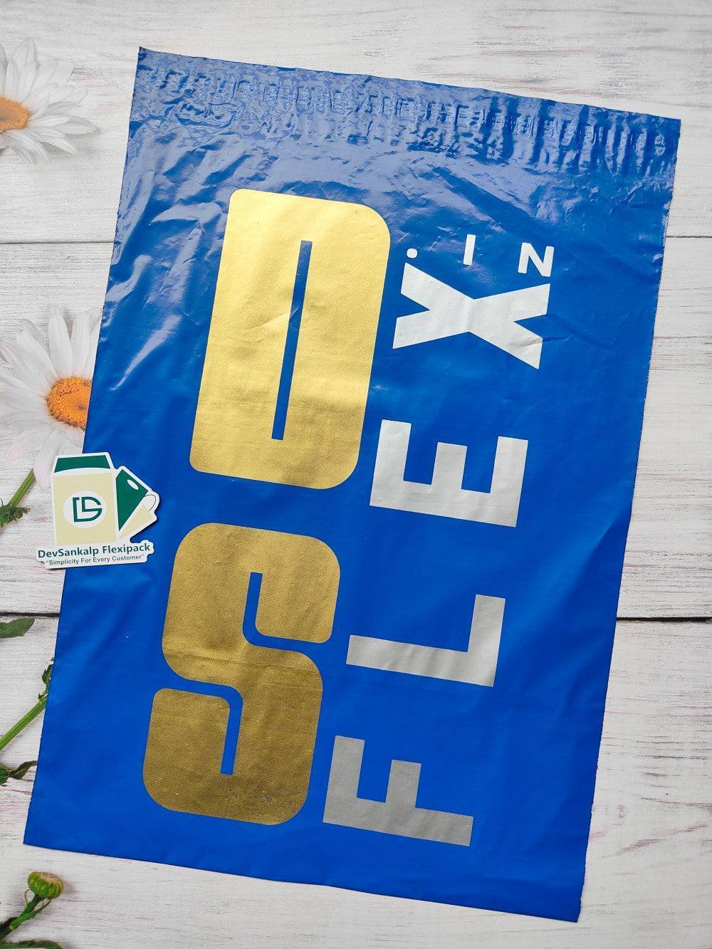 Custom Printed Blue Courier Bag with POD featuring bold gold and white branding, ideal for secure and professional shipping solutions.