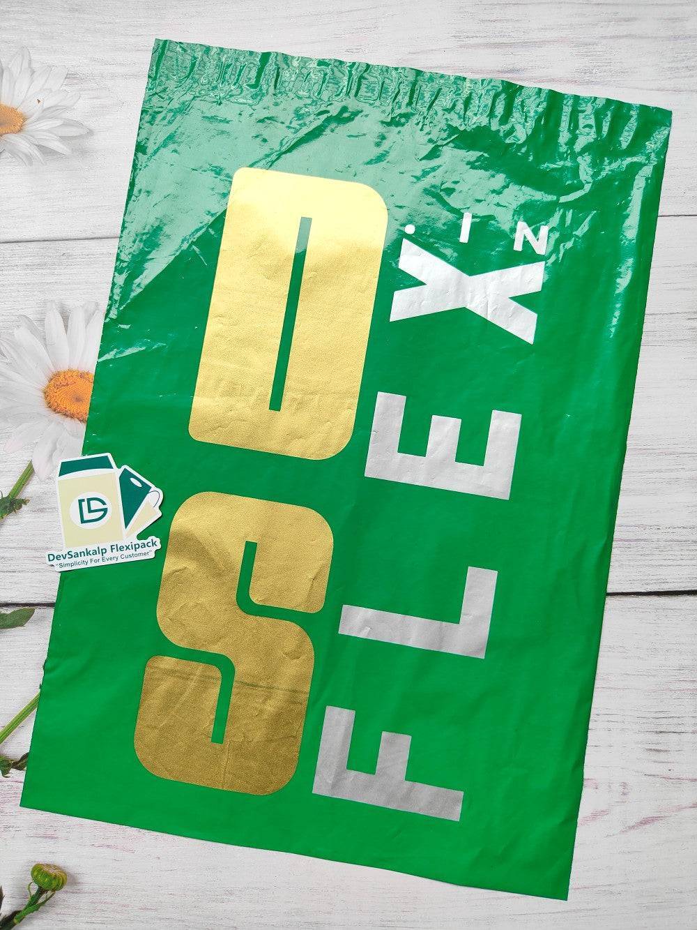Custom Printed Green Courier Bag with POD featuring bold gold and silver branding, ideal for eco-friendly shipping solutions.